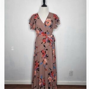 HUTCH Caleb Dress Wrap‎ Flutter Sleeves Midi Floral Taupe Anthropologie Size S
